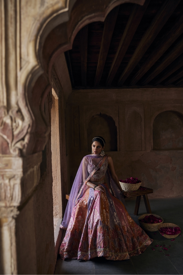 Multicolour Faded Silk Lehenga Set