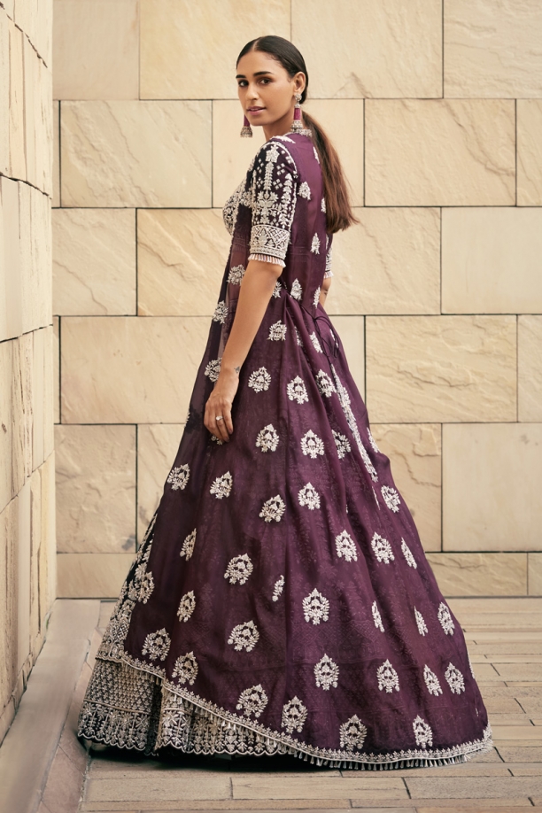 Wine Embroidered Jacket Lehenga