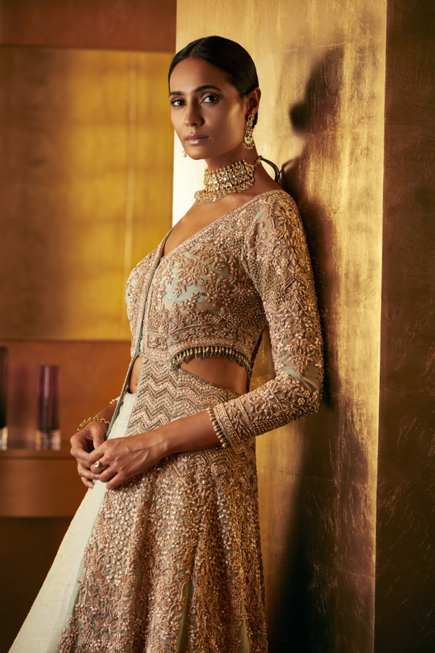 Light Blue Embroidered Trail Lehenga