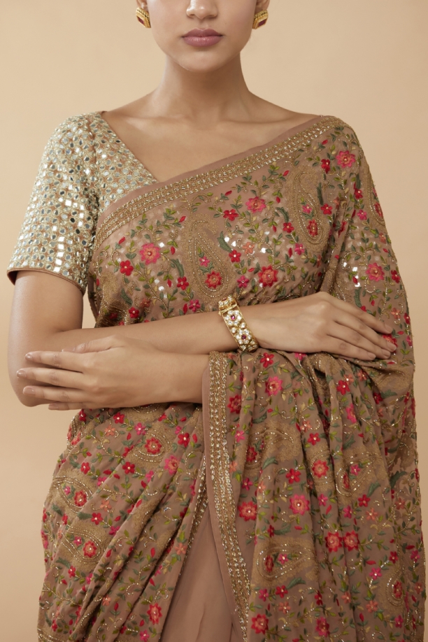 Ochre Brown Embroidered Saree