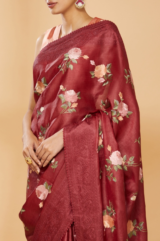 Sangria Red Embroidered Saree