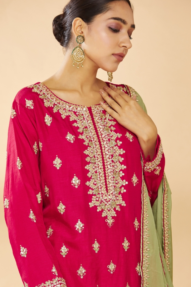 Fuschia Pink & Pista Green Embroidered Suit