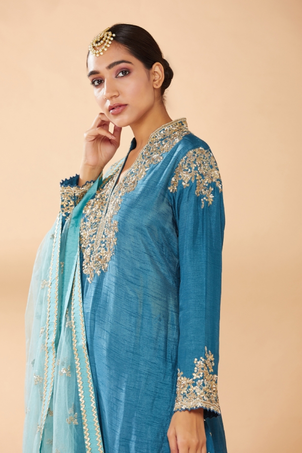 Teal Blue Embroidered Dhoti Suit