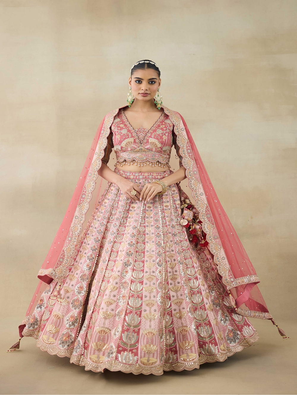 Coral Raw Silk Lehenga Set