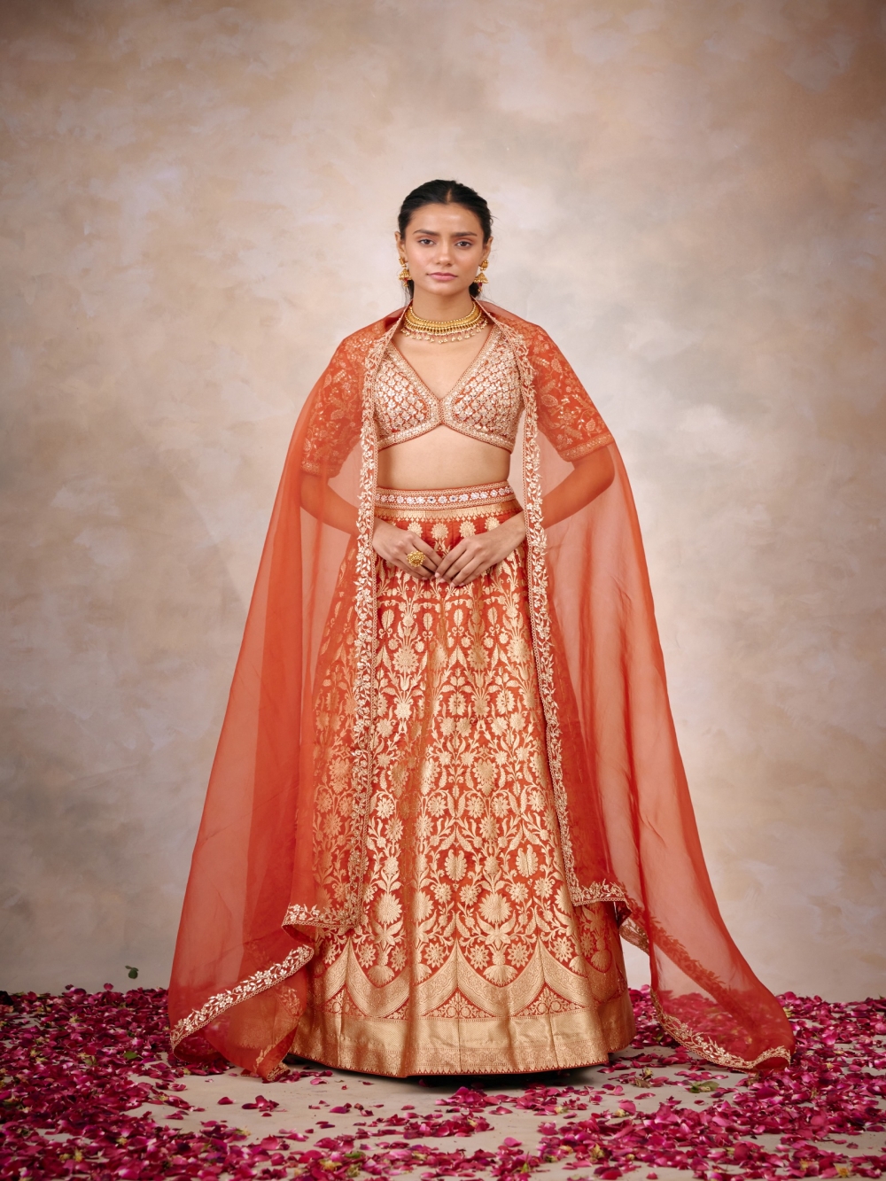 Burnt Orange Banarasi Silk Lehenga Frontier Raas