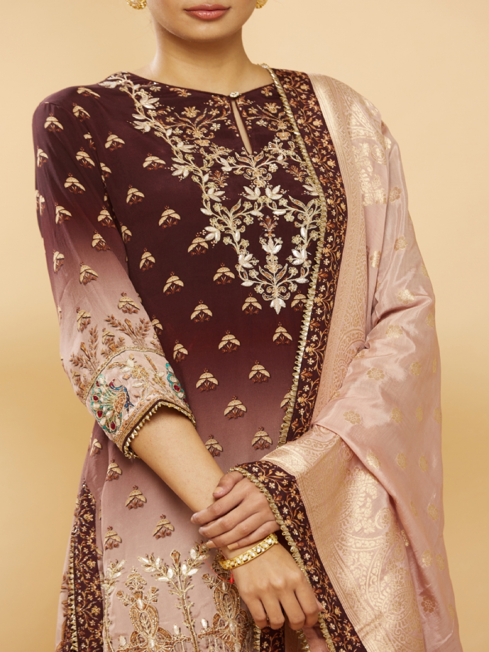 Purple Crepe Designer High Low Hand Embroidered Garara suit with Chinon Duppata main image 0