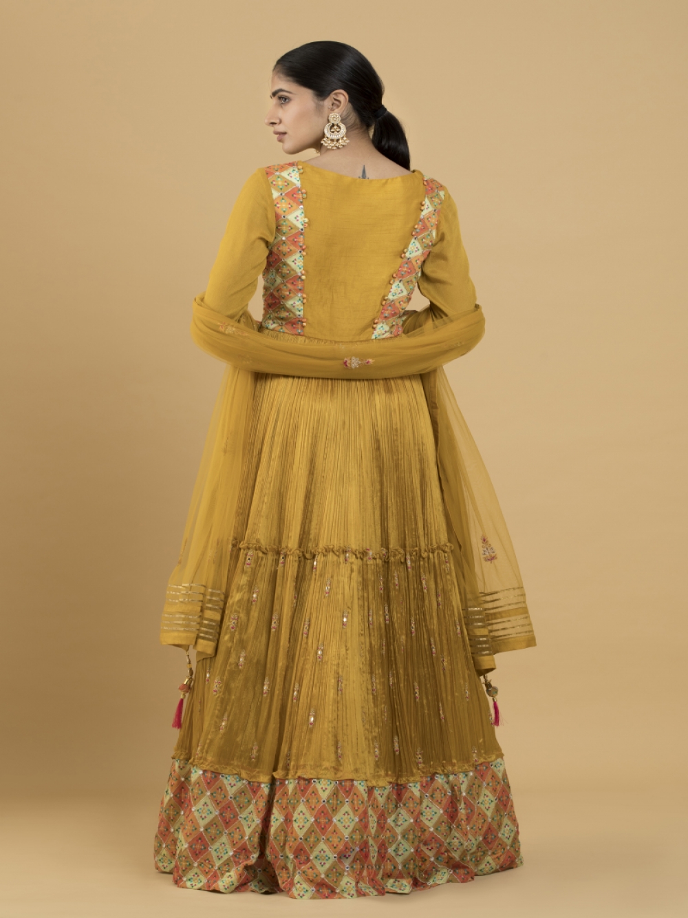 Buy Mustard Multicolour Mirror Work Chiffon Anarkali For Women ...