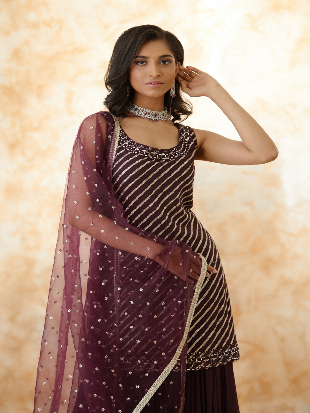 Wine Berry Sharara style Suit Blooming Georgette