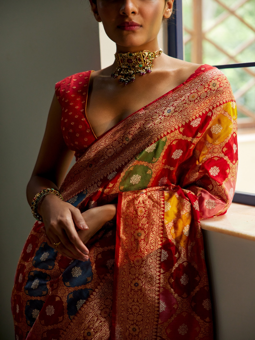 Buy Imperial Red Banarasi Ektara Silk Saree For Women Online - Frontierraas