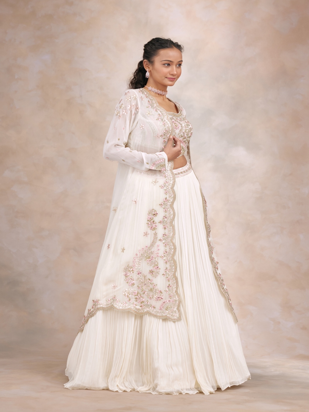 Off-White Georgette Lehenga with Thread, Sequins & Cording Embroidery