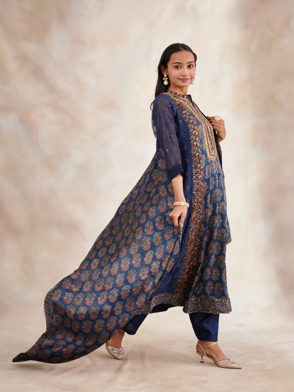 Blue - Block Print Cotton Ajrakh Kurta Set with Dupatta 02