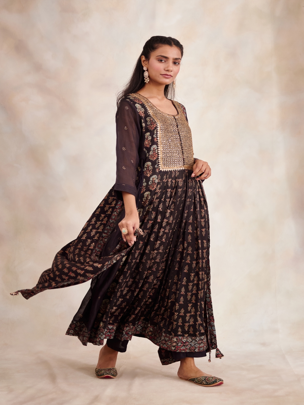 VSS128 - Pure Chanderi Silk Cotton Suit in Brown with Ajrakh Floral Print. Comes with Dhoti Pants and Mustard Color Dupatta main image 1