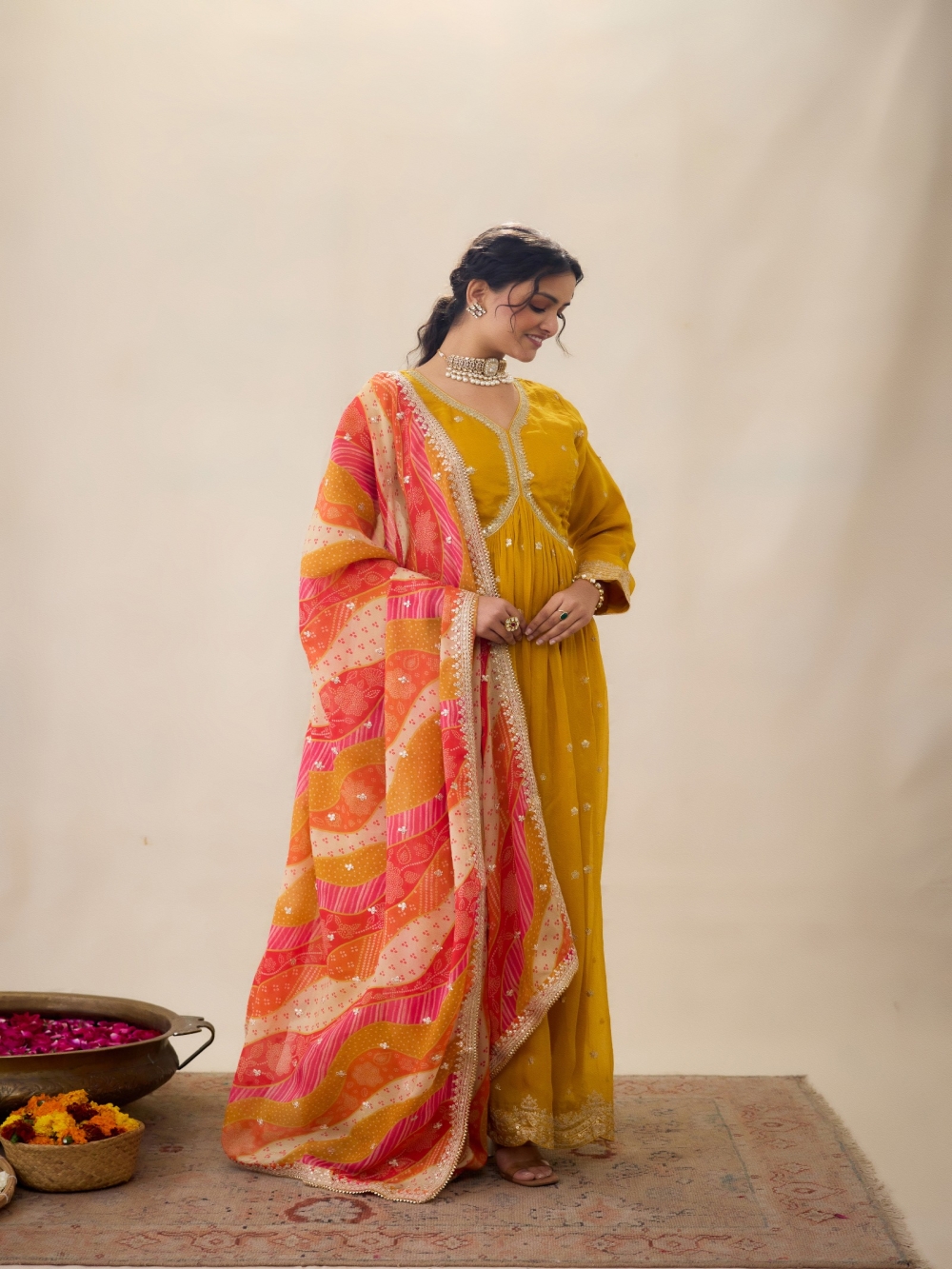 Darshika Organza Floral Printed Yellow Anarkali Suit Set