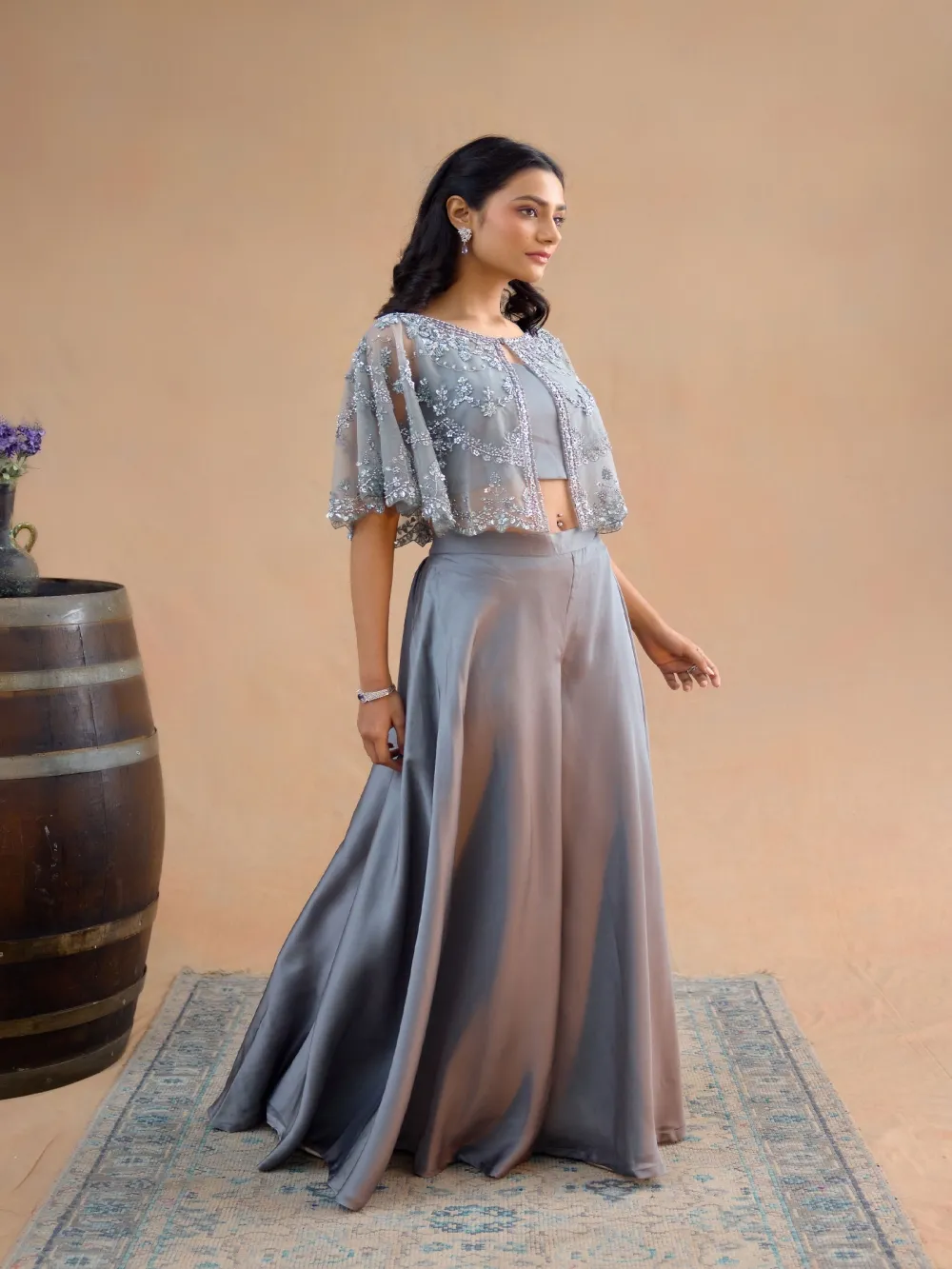 grey sharara dress Sage Grey Embroidered Kurta Sharara Set with Dupatta Grey / L main image 0