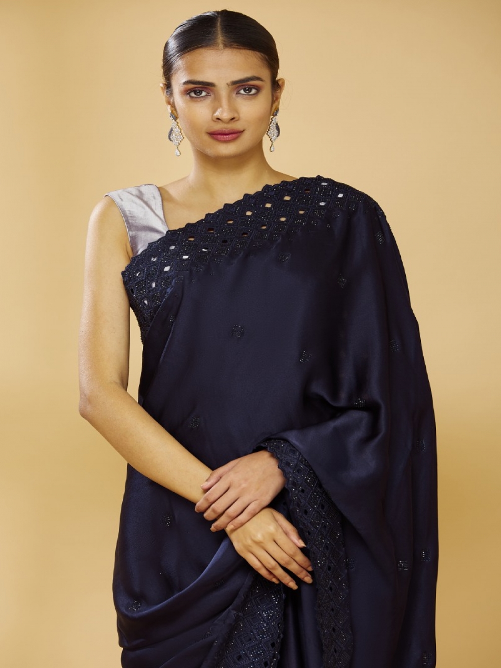 Buy Dark Blue Embroidered Saree For Women Online