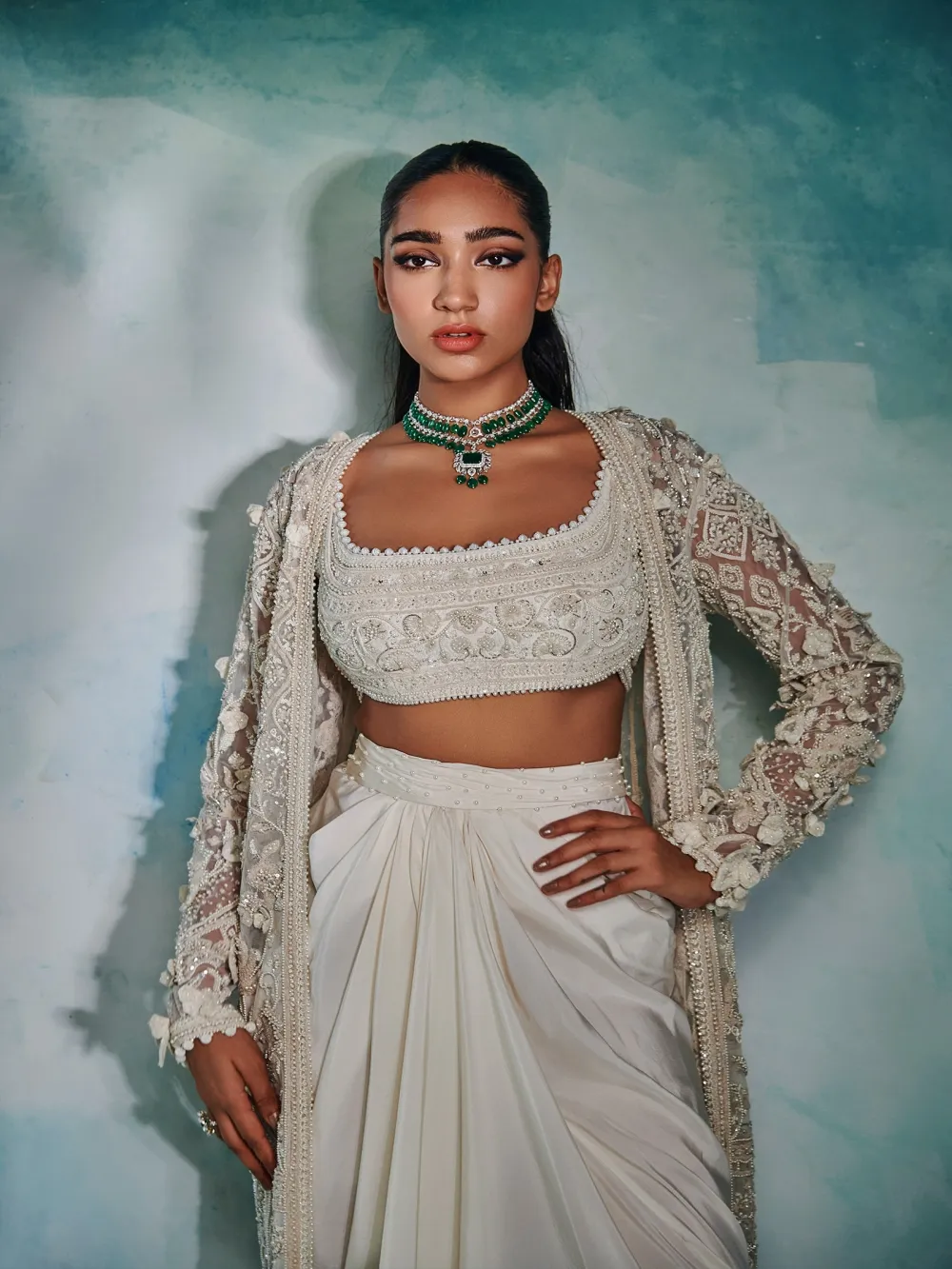 Reverie Elegance Jacket & Skirt Set-Ivory Drape Co-ord Set-Medha Batra
