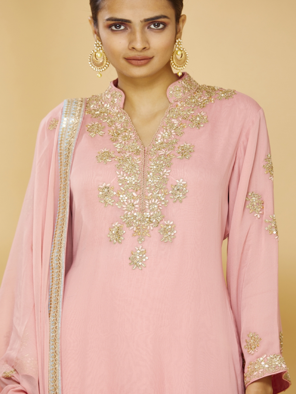 Women V-neck Pink Embroidered Kurta with Palazzos main image 1