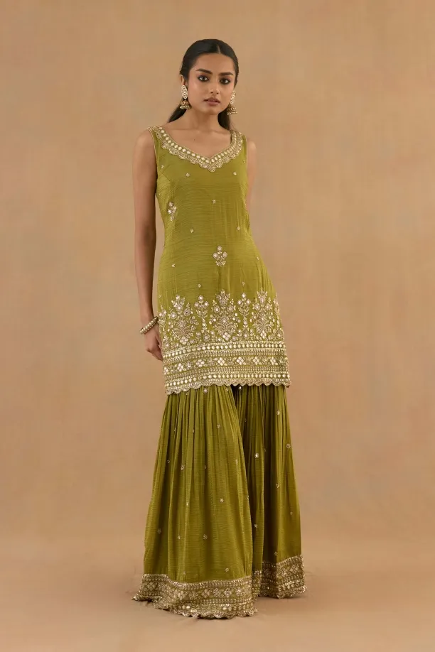 Olive Green Tissue Silk Garara Set Olive Green Tissue Silk Garara Set
