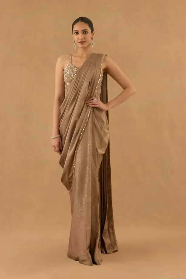 Mocha Brown Satin Drape Saree