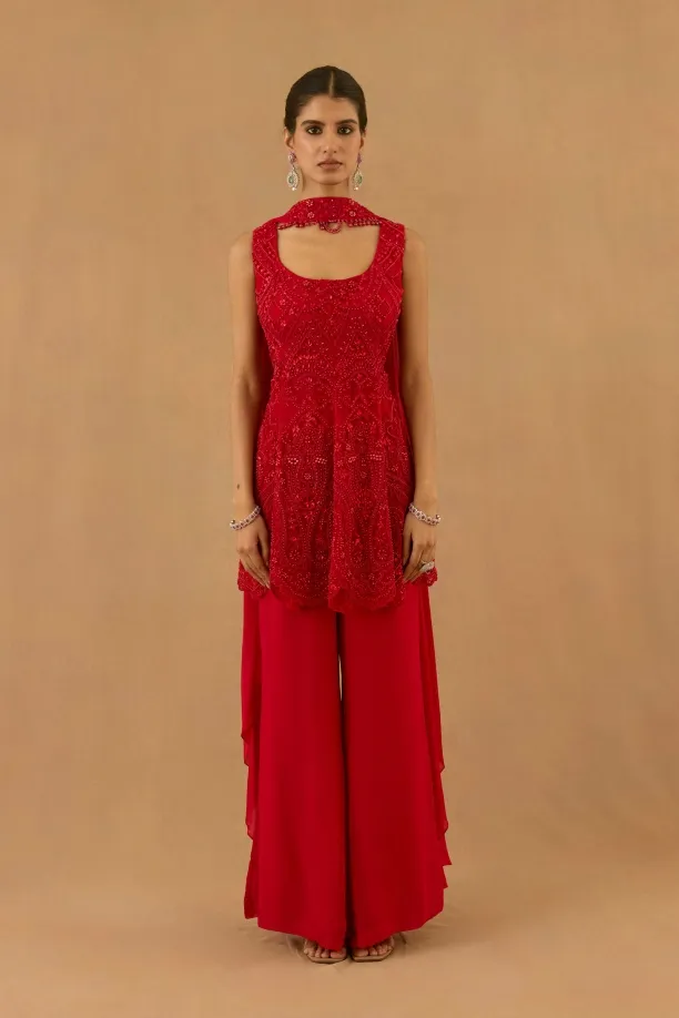 Crimson Red Georgette Sharara set Crimson Red Georgette Sharara set