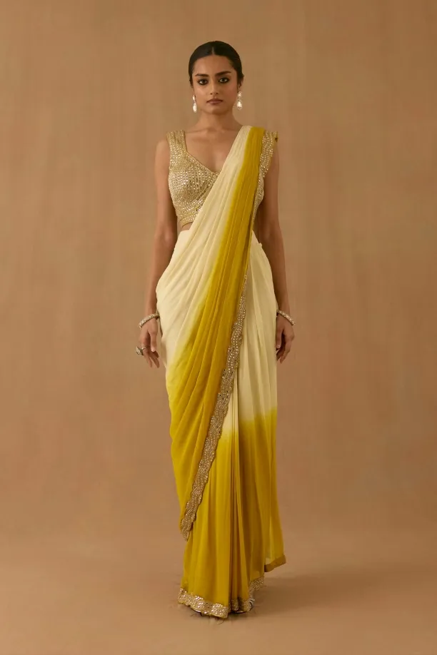 Mustard Ombre Organza Drape Saree