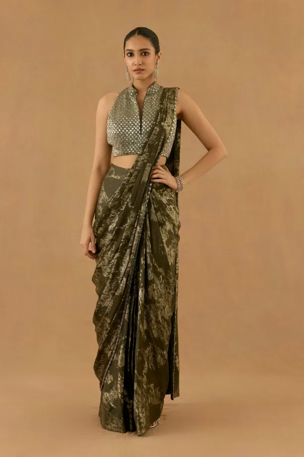 Olive Green georgette drape saree