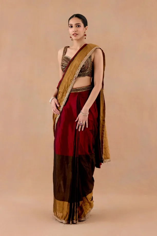 Maroon-Brown Tissue Silk Drape Saree