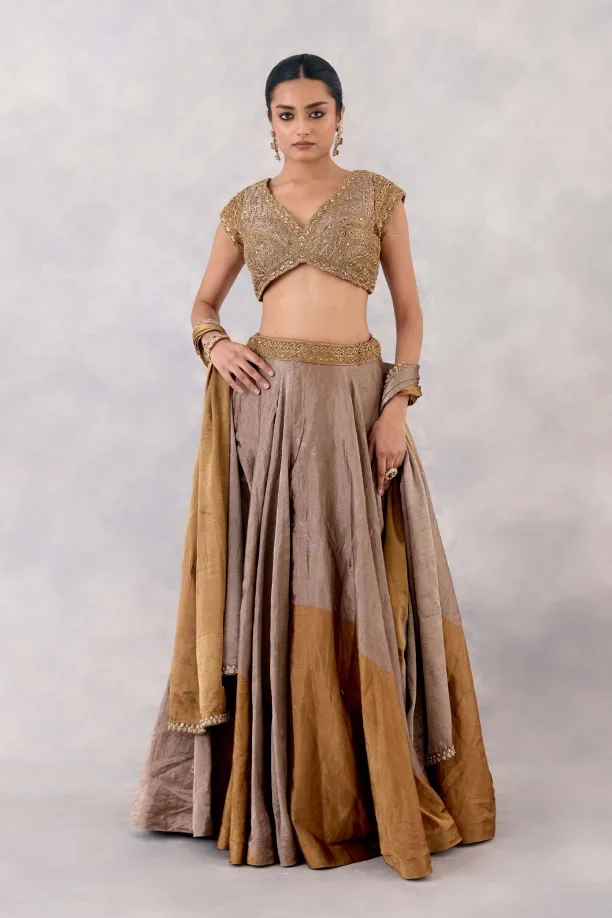 Gold brown tissue silk lehenga set
