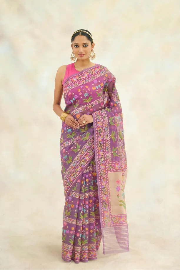 Ebony Purple Organza Jamdani Saree