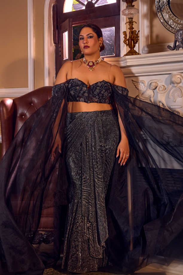  Organza Black drape skirt set 