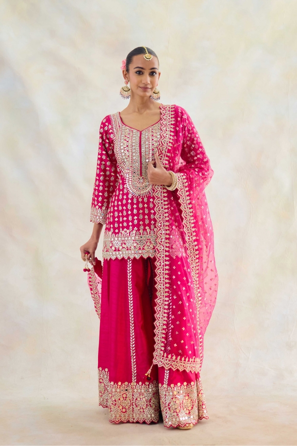 Hot Pink Raw Silk Sharara Set 