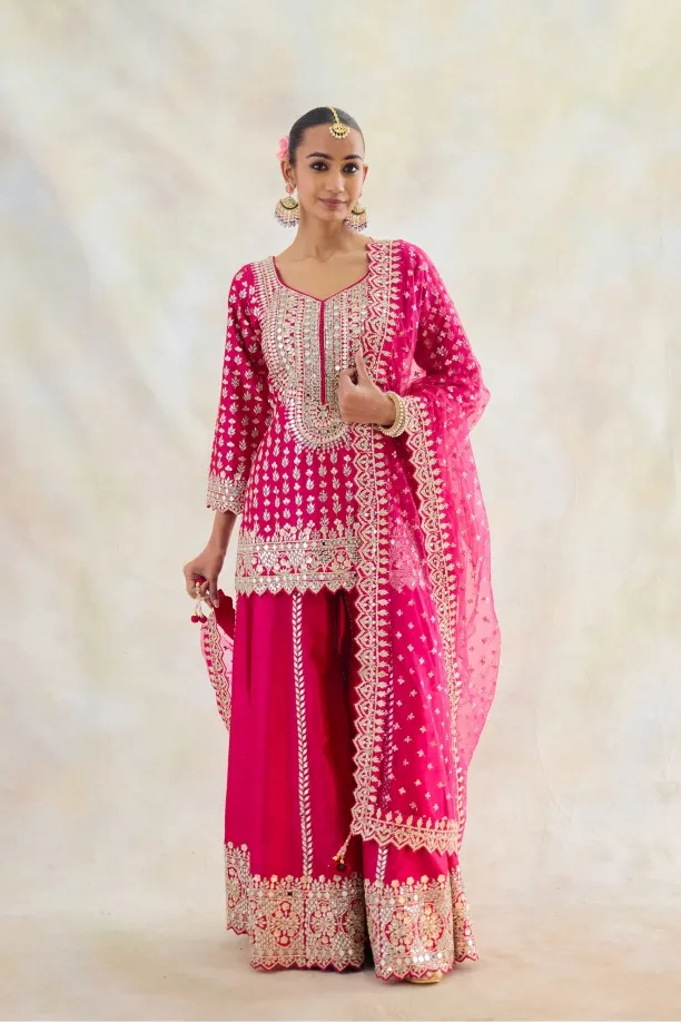 Hot Pink Raw Silk Sharara Set 