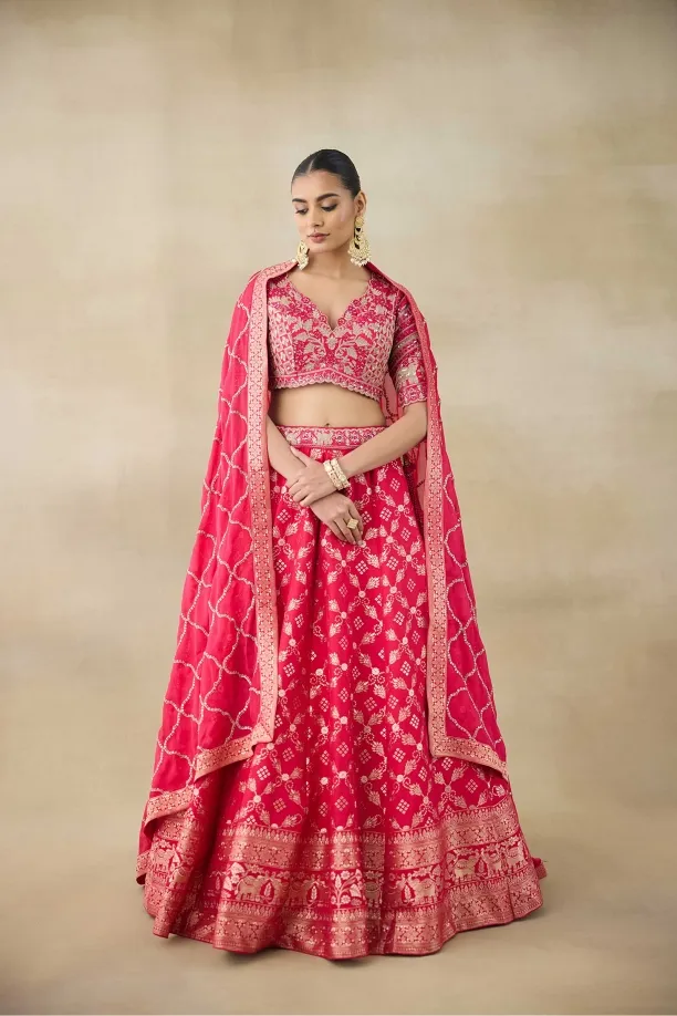 Hot Coral Banarasi Silk Lehenga Set 