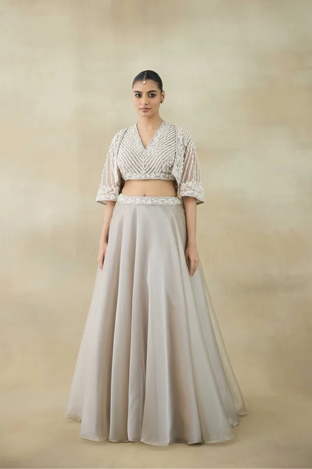 Bright Gray Organza Lehenga Set
