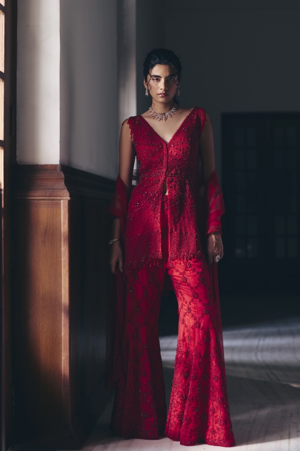 Cherry Red Organza Sharara Set