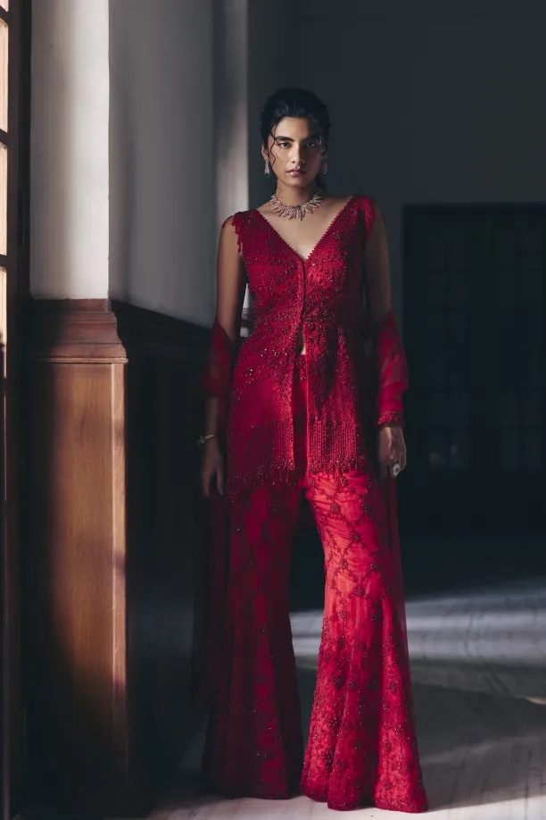 Cherry Red Organza Sharara Set