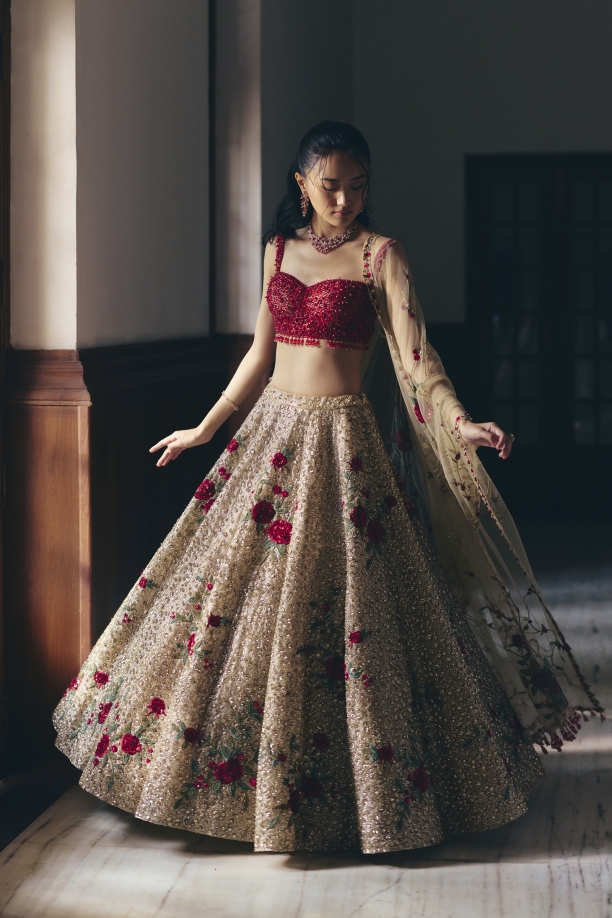 Gold Tissue Net Lehenga Set