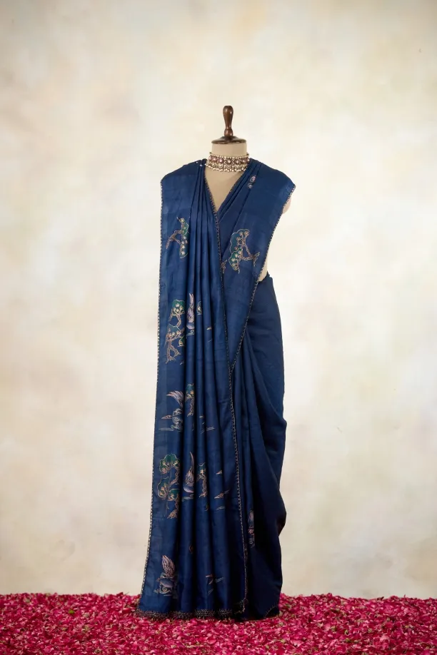 Midnight Blue Tussar Slik Saree