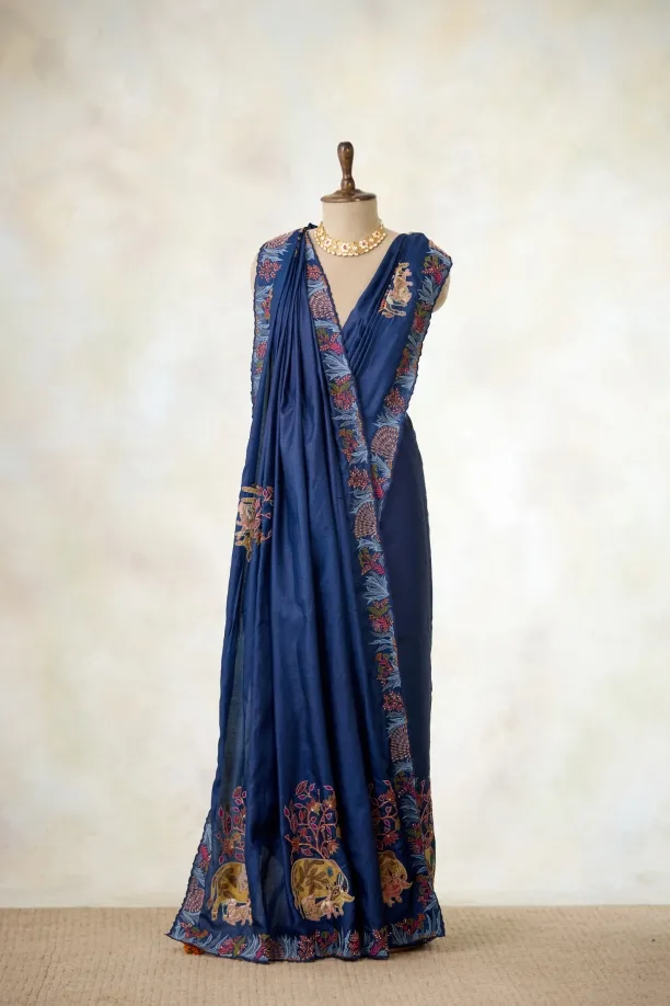Navy Blue Tussar Silk Saree