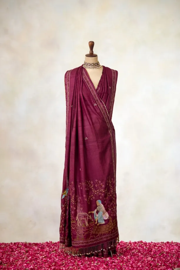 Wine Tussar Slik Saree