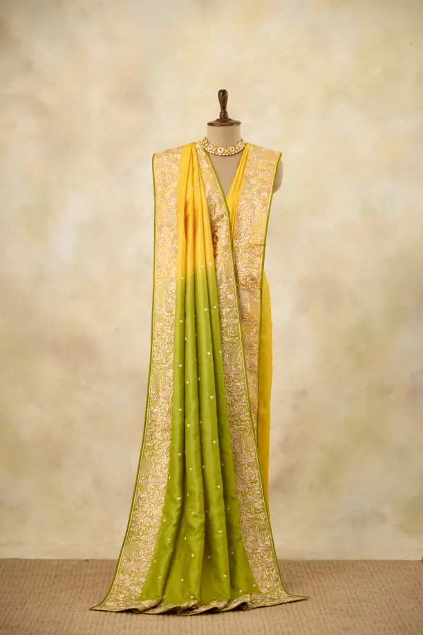 Dual-Shade Green-Yellow Tussar Silk Saree