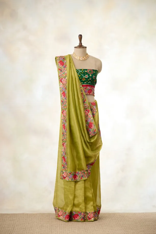 Olive Green Tissue Silk Saree
