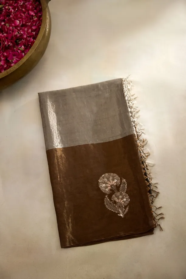 Silver & Burnished Brown Tissue Silk Saree