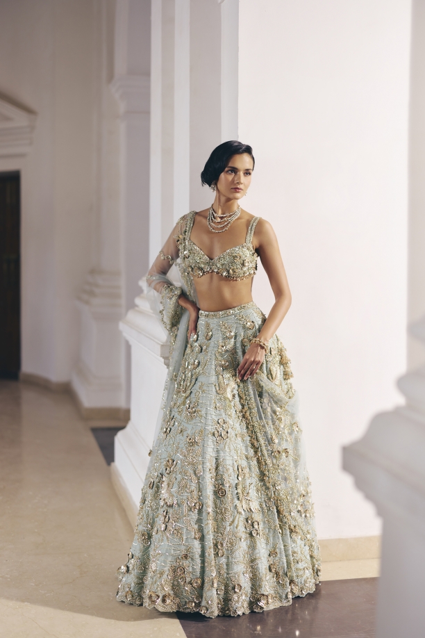 Aqua Tissue Net Lehenga Set