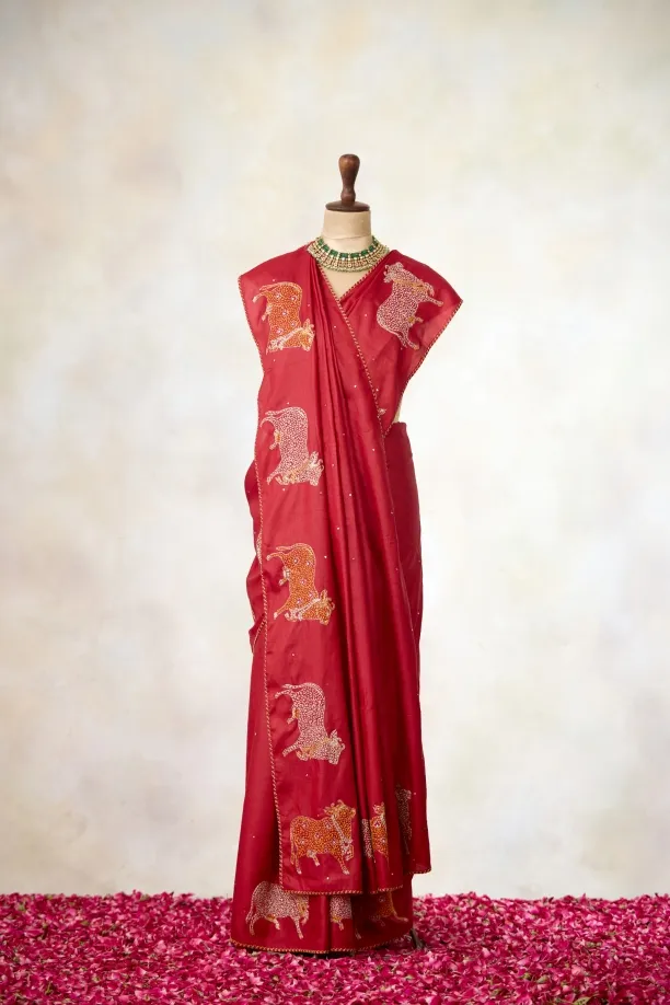 Rust Red Tussar Silk Saree