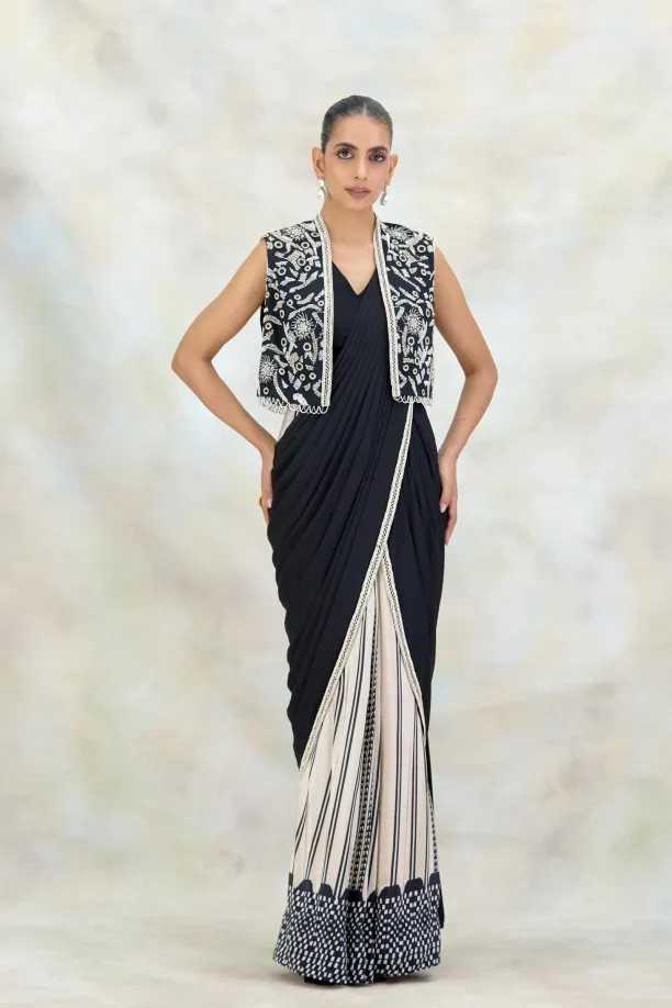Black and Ivory Printed Crepe Drape Saree
