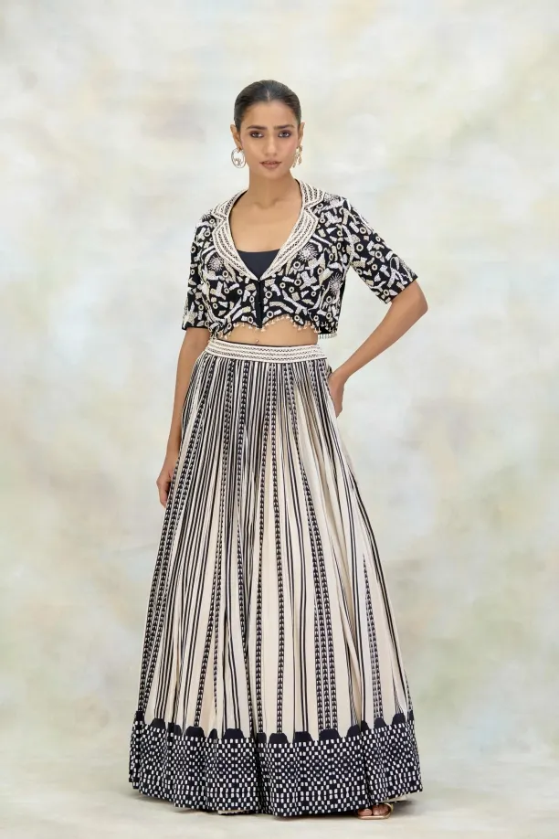 Black and Ivory Crepe Lehenga Set