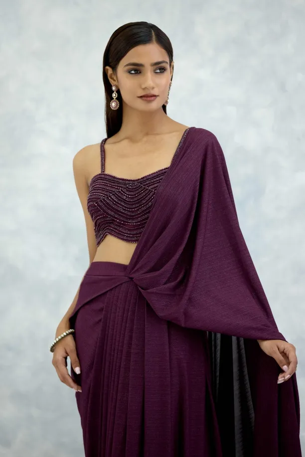 Wine Lycra Drape Saree