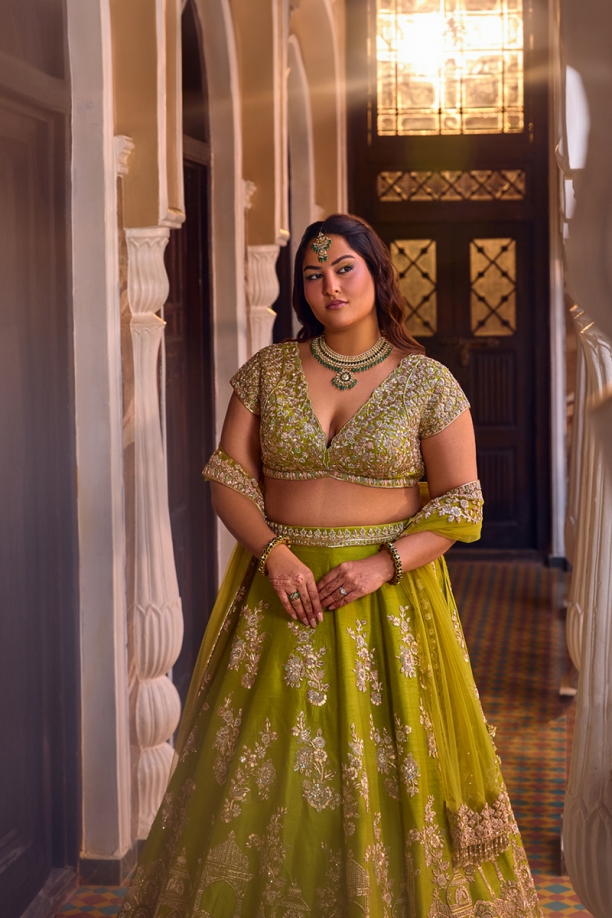 Lime Green Resham Silk Lehenga 