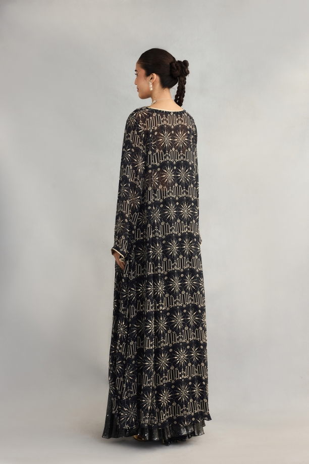 Black Printed Sequin Cape Suit